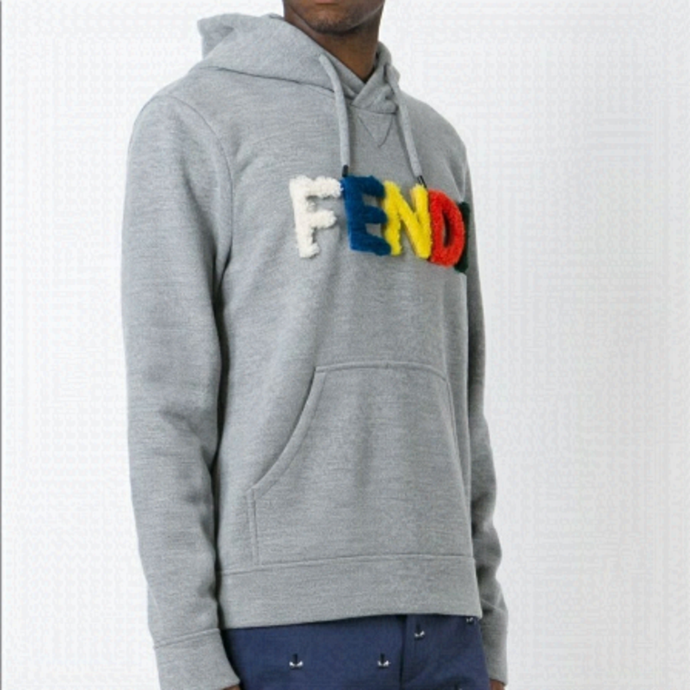 RARE Fendi Shearling Velcro Logo Cotton Pullover Furry Lined Grey Hoodie Sweater